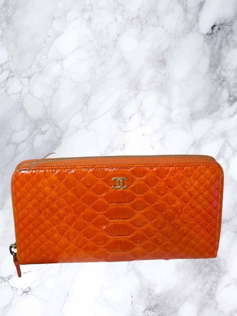 Chanel Burnt Orange Python Snakeskin Zip Around Wallet CC Logo Exotic Leather